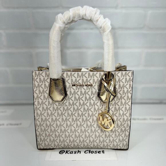 Michael Kors Mercer Medium Signature Logo Metallic Crossbody Bag  Pale Gold - Picture 1 of 11